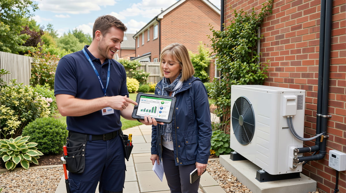 Illustration of a home heat pump installation with a grant token