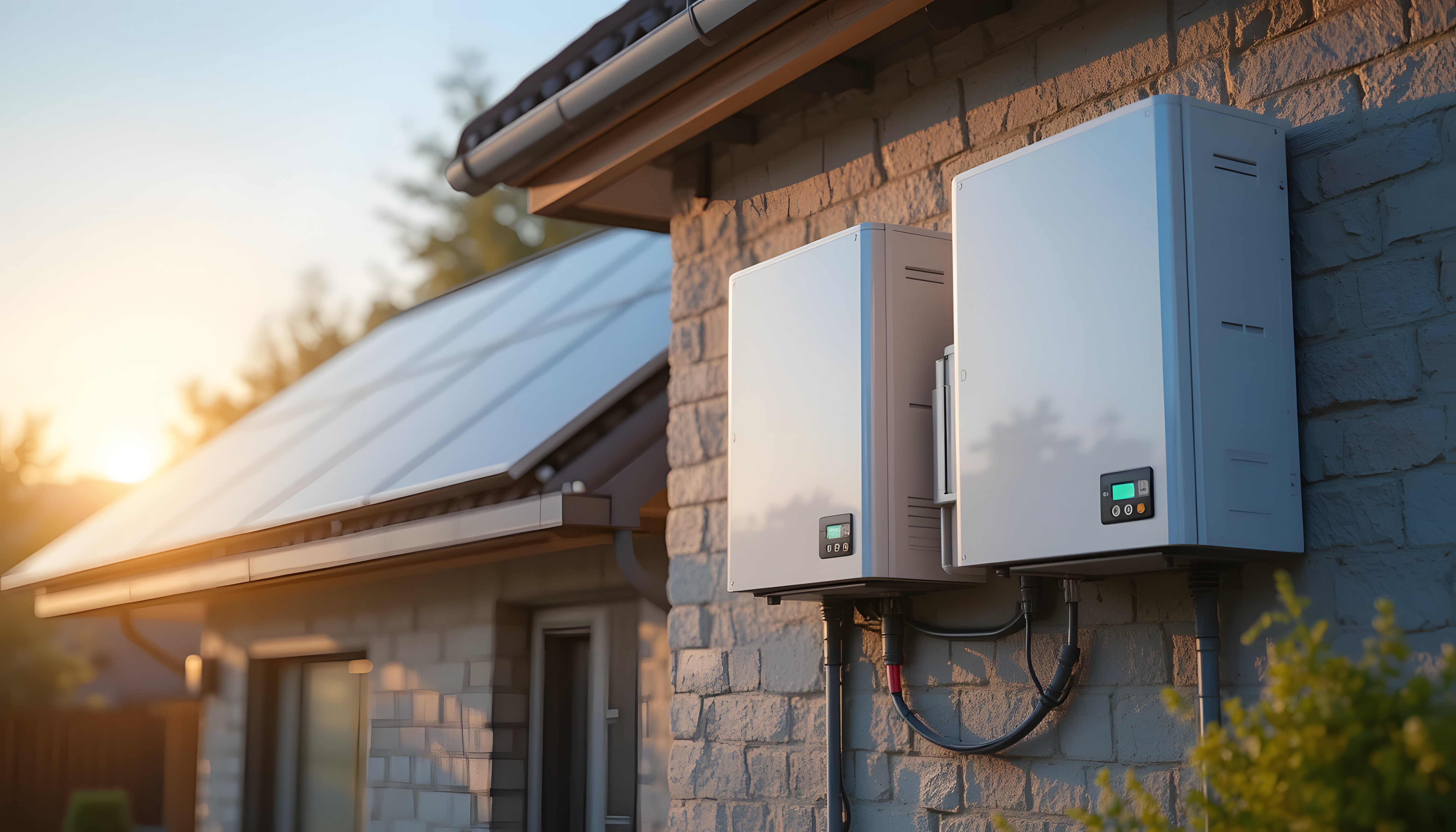 Solar panels, battery storage and heat pump working together at a home