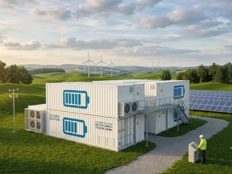 Battery storage units on a renewable energy site